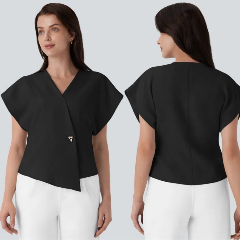 Commense Black Asymmetric V-Neck Short Sleeve Top